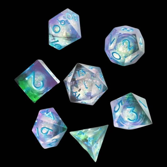 Jeu de dés Donjons et Dragons en résine à noyau liquide bleu/vert