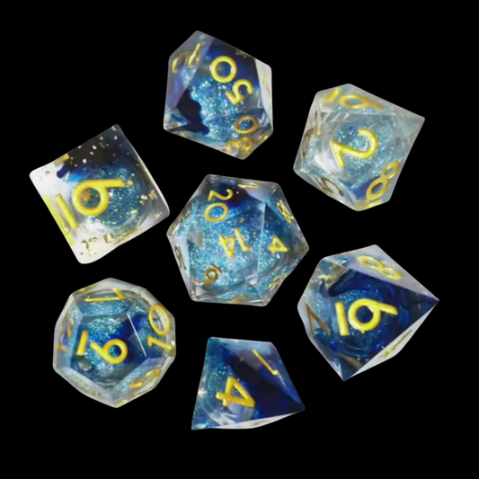 Jeu de dés Donjons et Dragons en résine, noyau liquide bleu/or