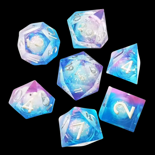Jeu de dés Donjons et Dragons en résine à noyau liquide bleu/rose