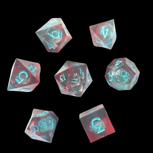 Jeu de dés Donjons et Dragons en résine à noyau liquide bleu/rouge/argent