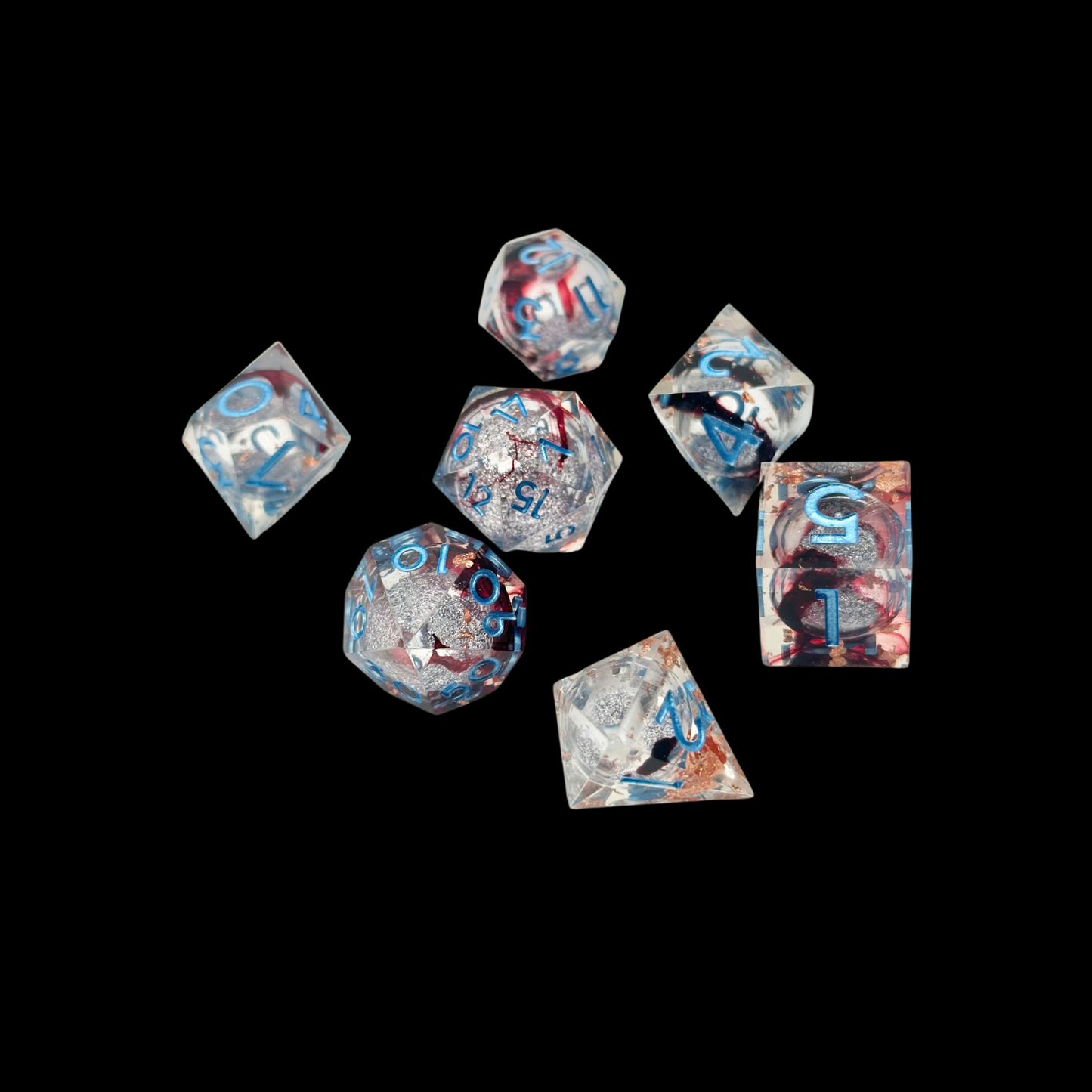 Jeu de dés Donjons et Dragons en résine à noyau liquide bleu/rouge/argent