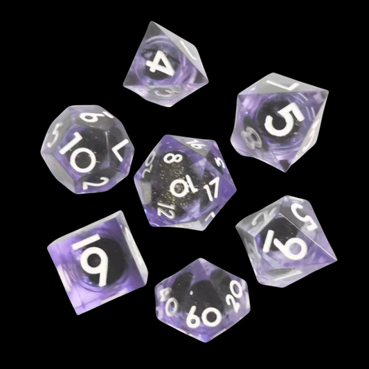 Jeu de dés Donjons et Dragons en résine, noyau liquide, violet/noir