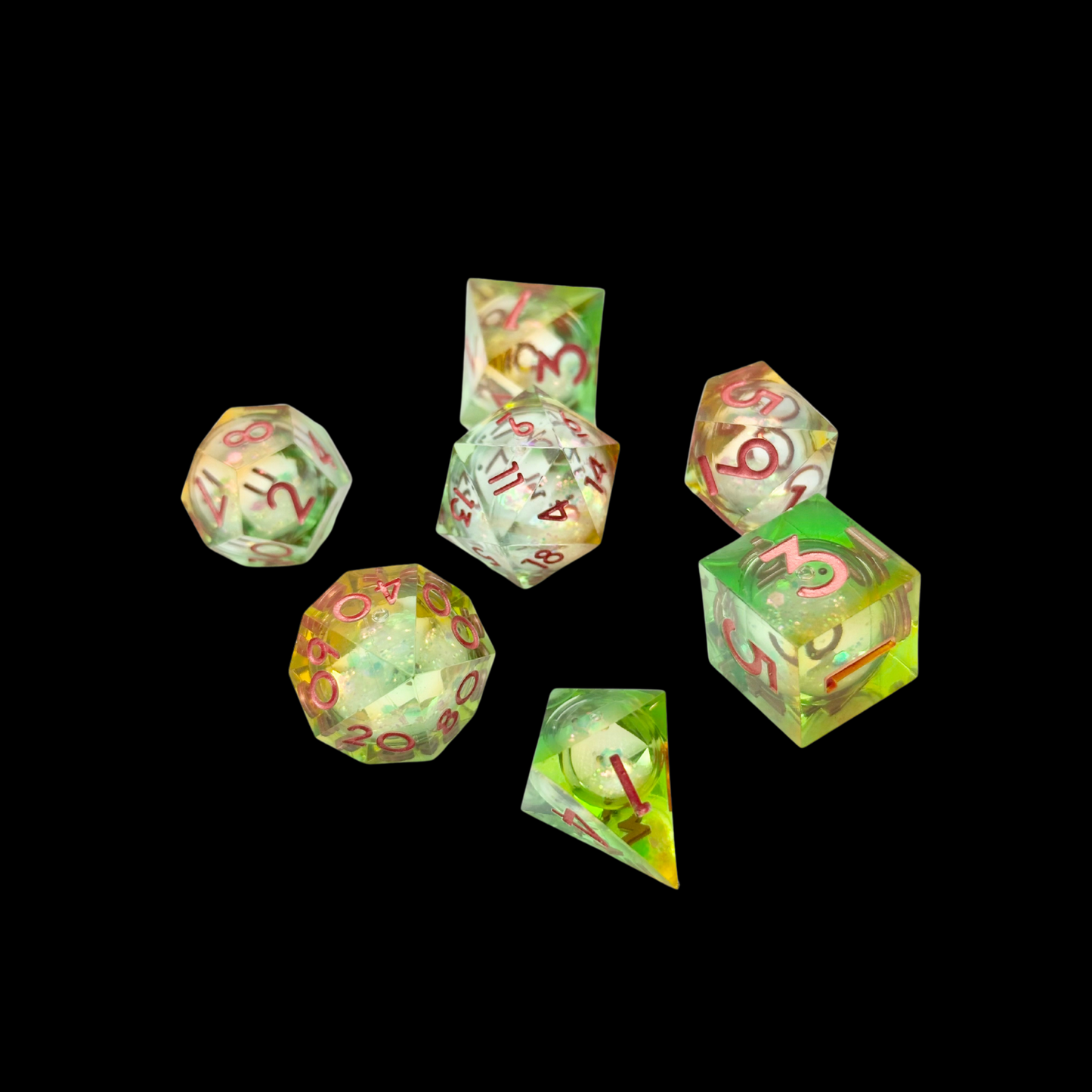 Jeu de dés Donjons et Dragons en résine à noyau liquide vert/rose/orange