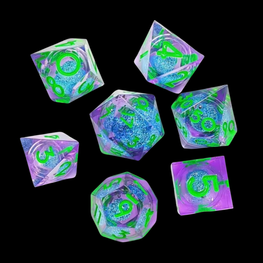 Jeu de dés Dungeon & Dragons en résine à noyau liquide vert/violet/bleu