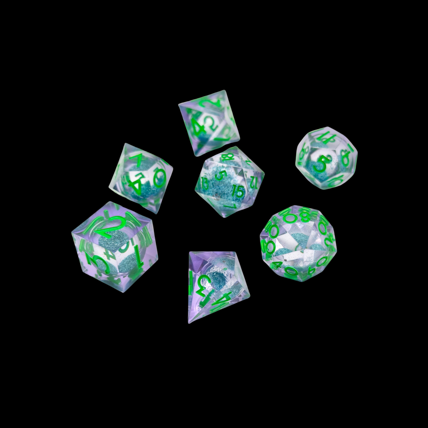 Jeu de dés Dungeon & Dragons en résine à noyau liquide vert/violet/bleu