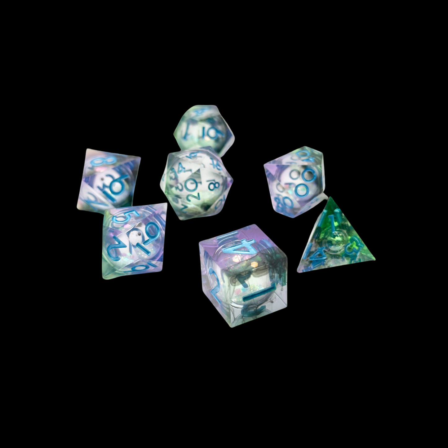 Jeu de dés Donjons et Dragons en résine à noyau liquide bleu/vert