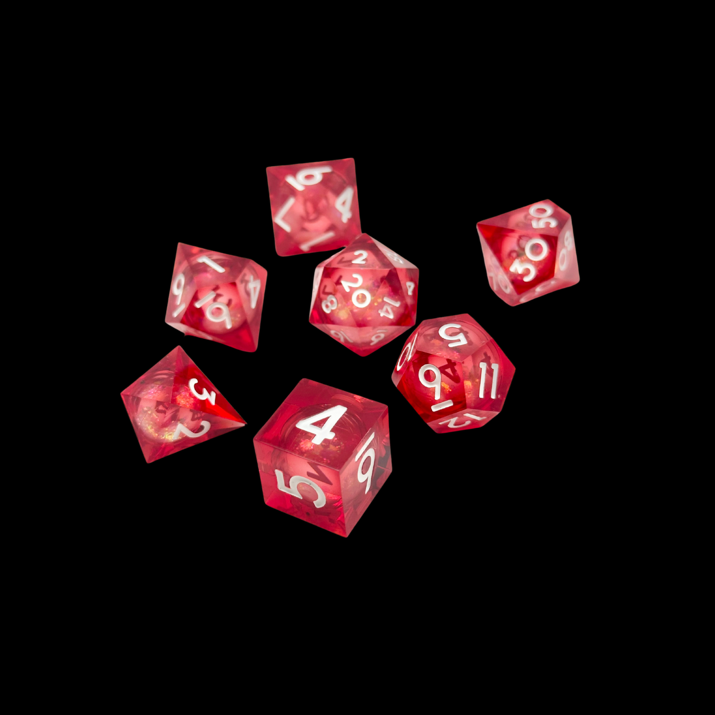 Jeu de dés Donjons et Dragons en résine à noyau liquide rouge/or