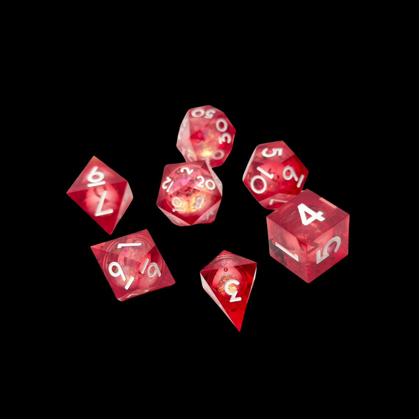 Jeu de dés Donjons et Dragons en résine à noyau liquide rouge/or