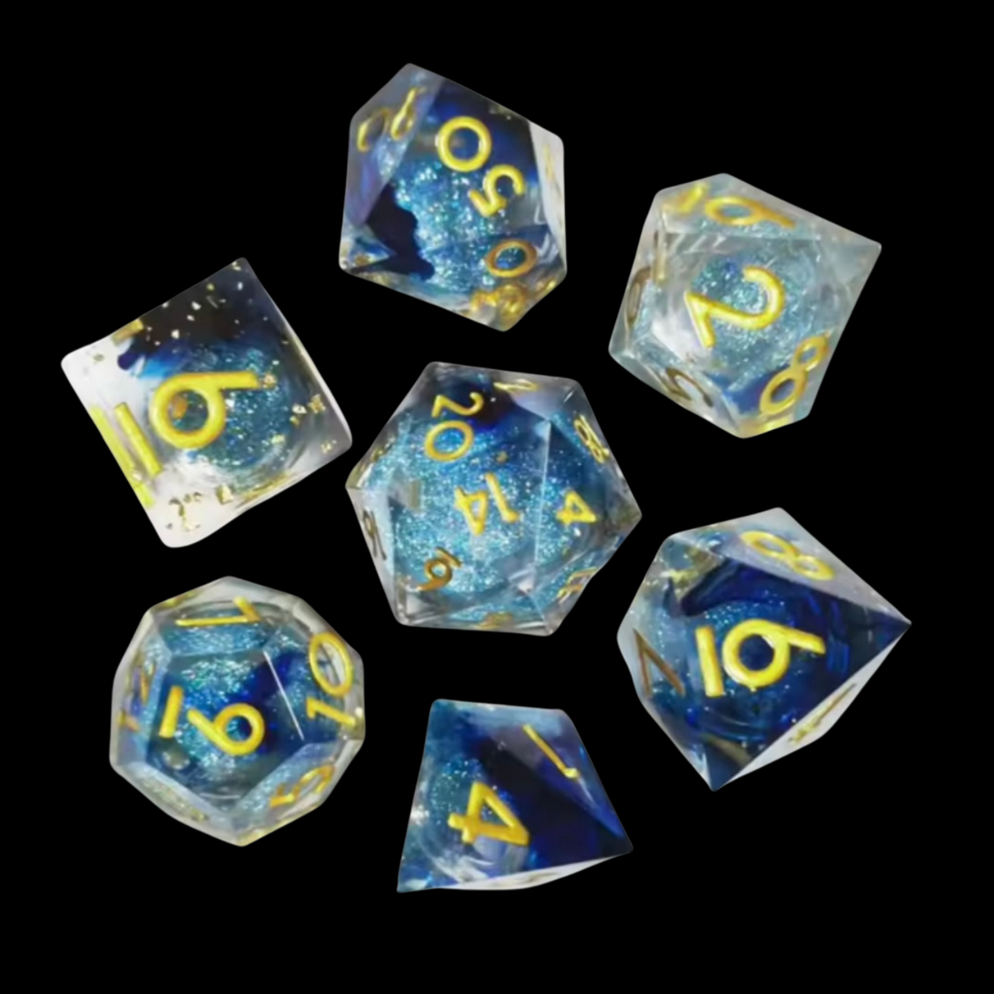 Jeu de dés Donjons et Dragons en résine, noyau liquide bleu/or