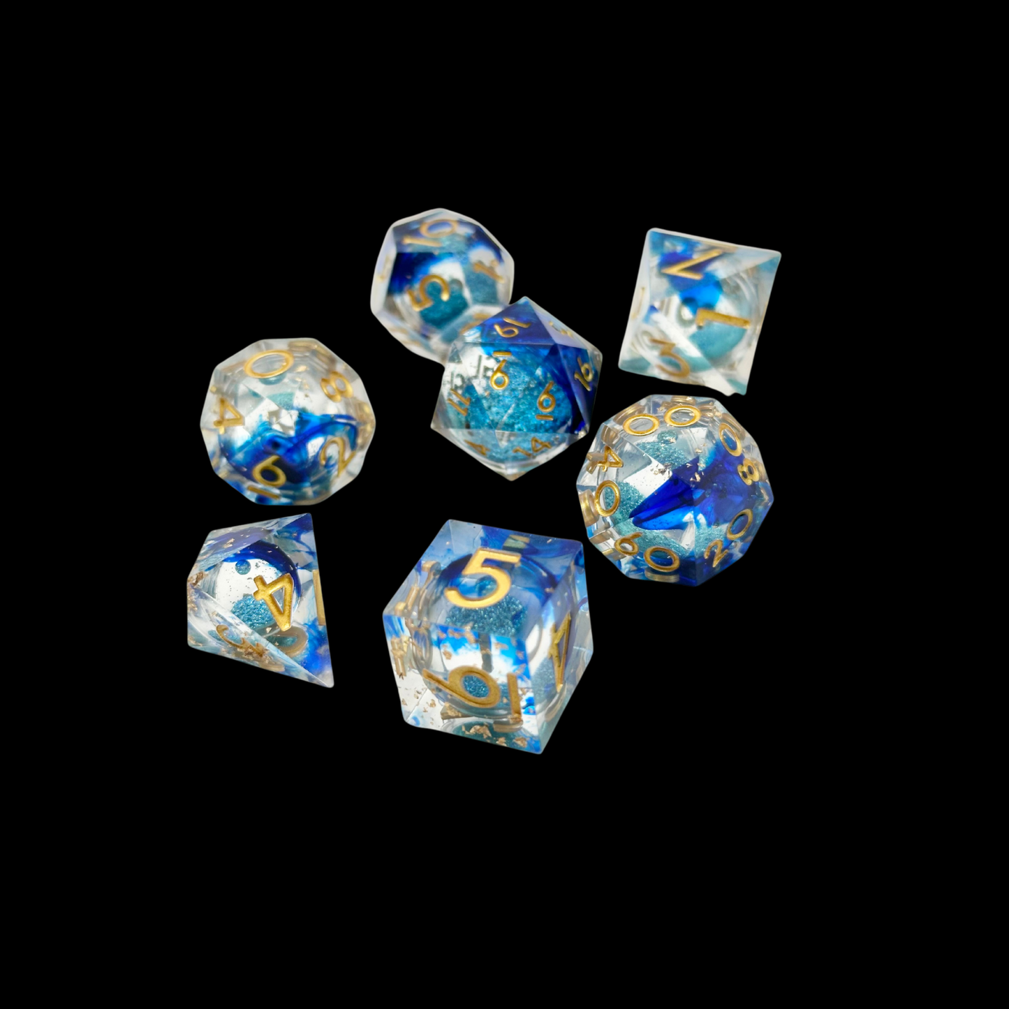 Jeu de dés Donjons et Dragons en résine, noyau liquide bleu/or