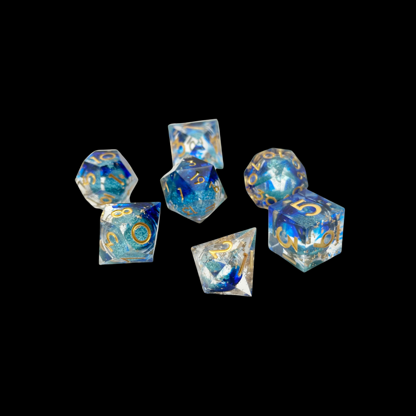 Jeu de dés Donjons et Dragons en résine, noyau liquide bleu/or