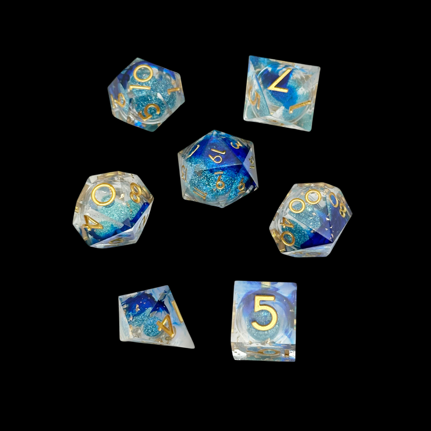 Jeu de dés Donjons et Dragons en résine, noyau liquide bleu/or