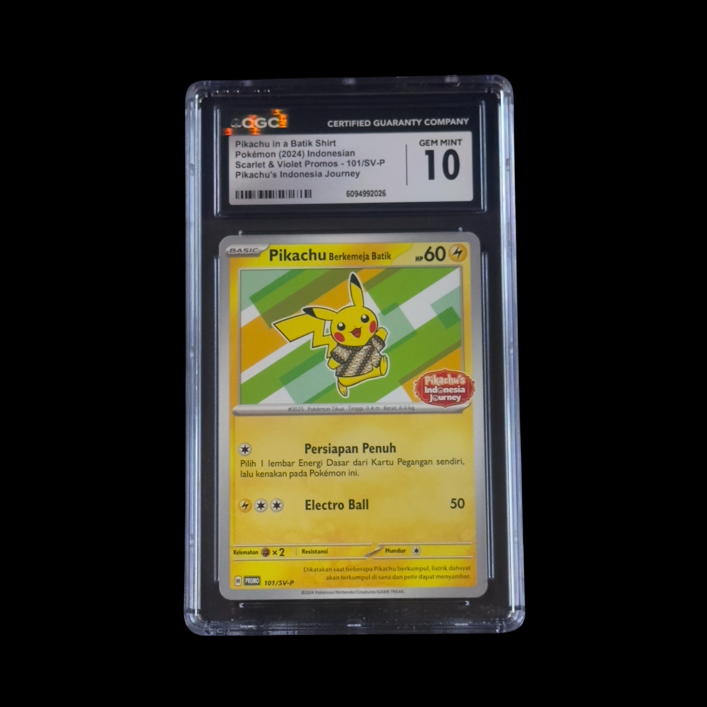 Pokemon Slab Indonesian Pikachu In A Batik Shirt 101/SV-P CGC 10 Gem 2024