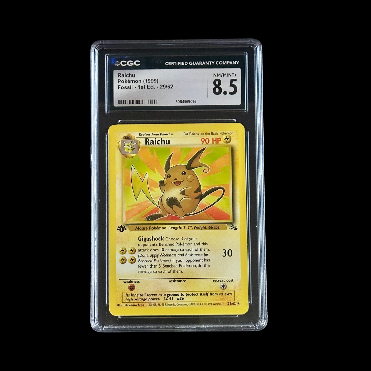 Pokemon Slab Raichu 1st Edition 29/62 CGC 8.5 NM+ 1999