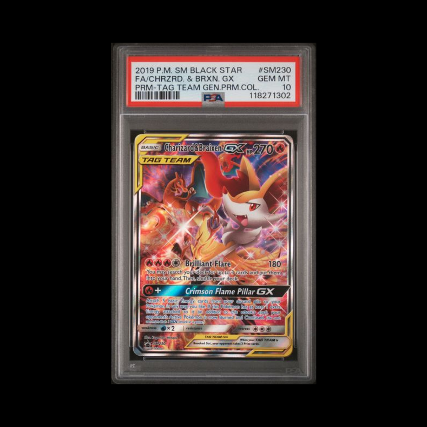 Pokemon Slab Charizard & Braixen Tag Team GX SM230 PSA 10 Gem 2019