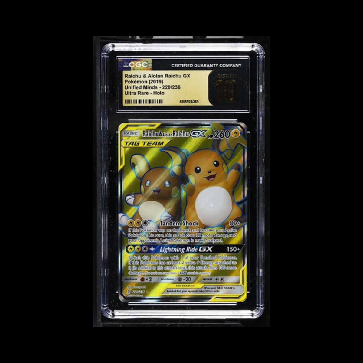 Pokemon Slab Raichu & Alolan Raichu GX 220 CGC Pristine 10 **Pop 13** 2019
