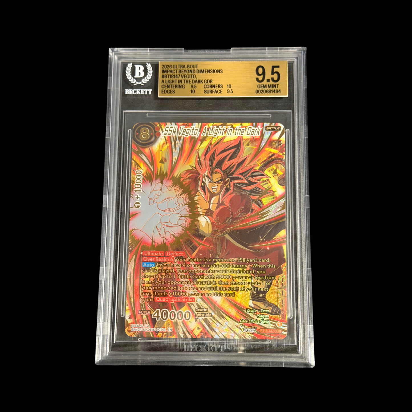 Dragon Ball Super Masters Slab SS4 Vegito, A Light In The Dark BT18-147 BGS 9.5 Gem 2026