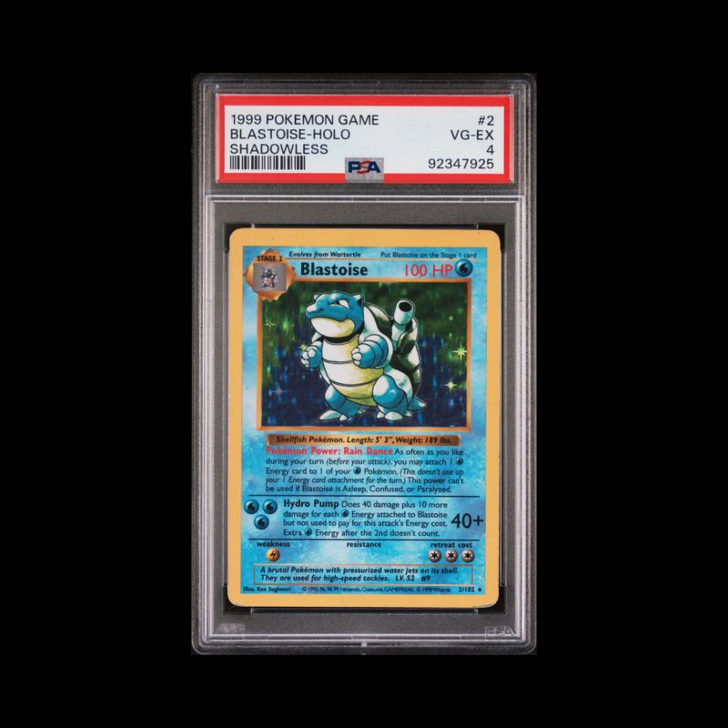 Pokemon Slab Blastoise 2 Base Set Shadowless PSA 4 VG-EX 1999