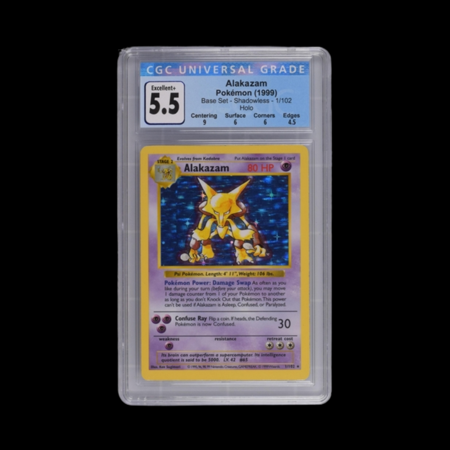 Pokemon Slab Alakazam 1/102 Holo Shadowless CGC 5.5 EX 1999