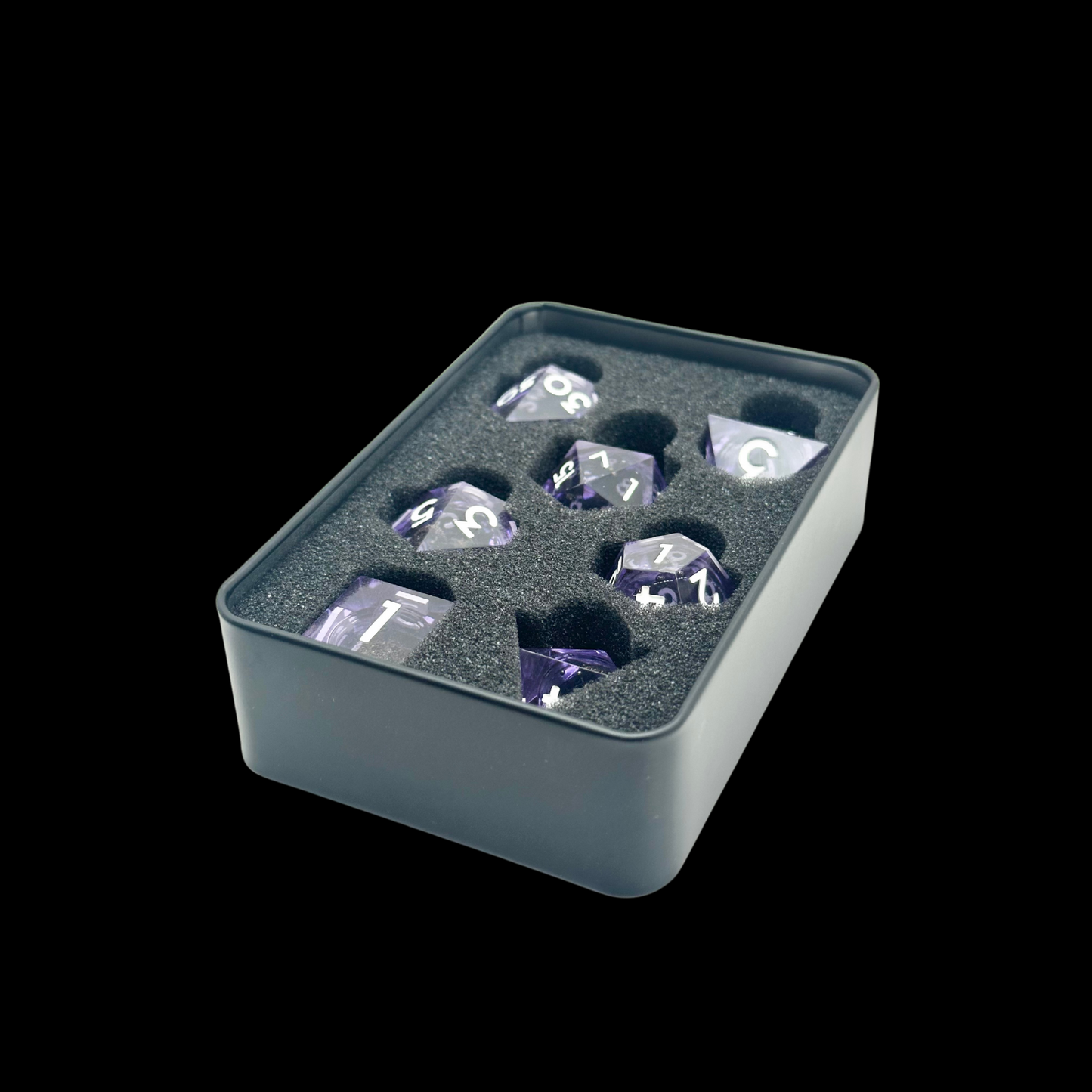 Jeu de dés Donjons et Dragons en résine, noyau liquide, violet/noir