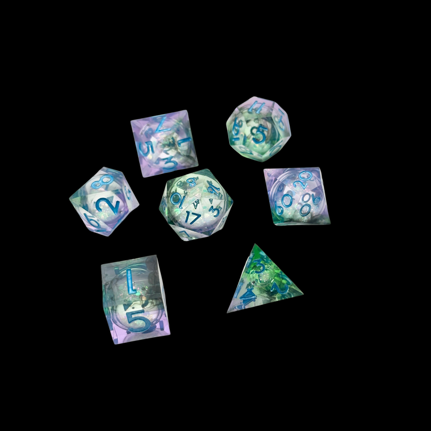Jeu de dés Donjons et Dragons en résine à noyau liquide bleu/vert