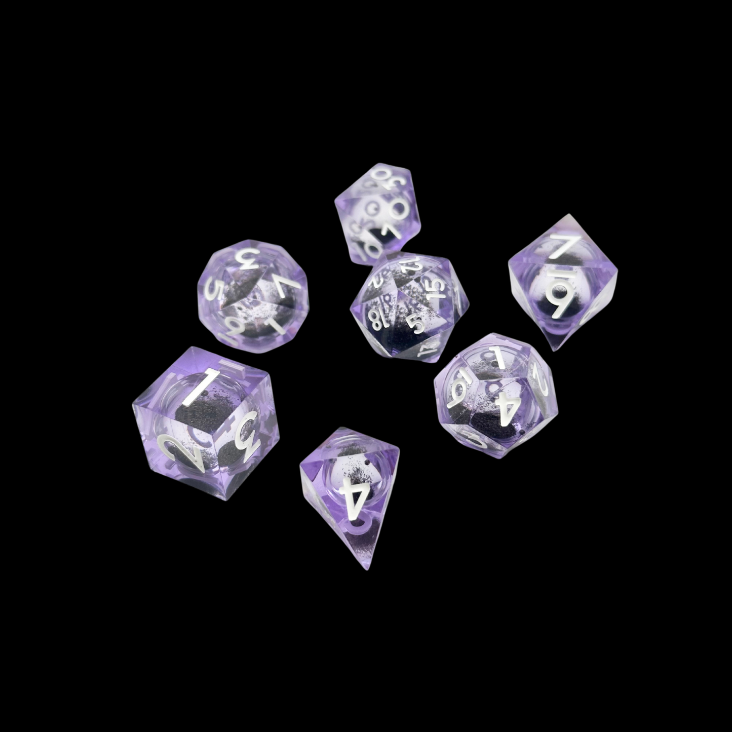Jeu de dés Donjons et Dragons en résine, noyau liquide, violet/noir