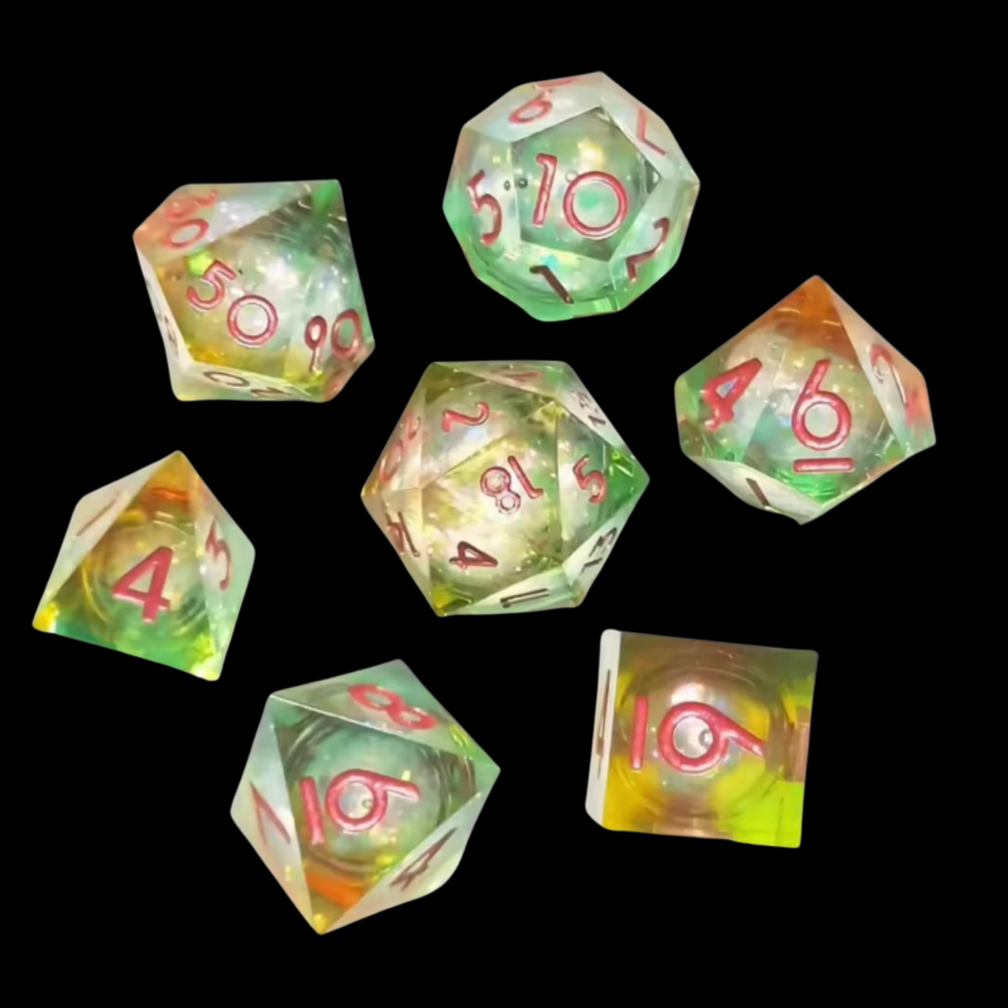 Jeu de dés Donjons et Dragons en résine à noyau liquide vert/rose/orange