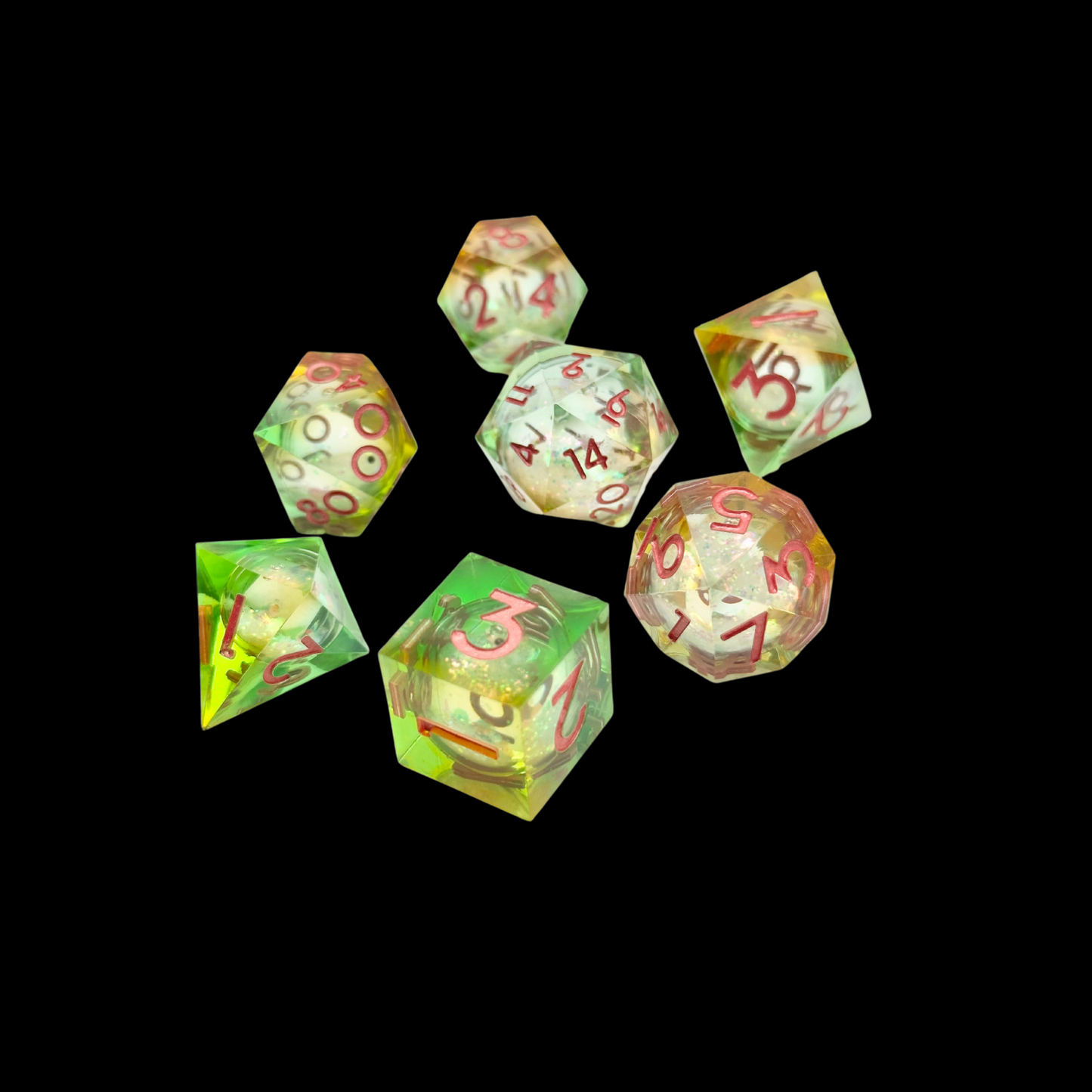 Jeu de dés Donjons et Dragons en résine à noyau liquide vert/rose/orange