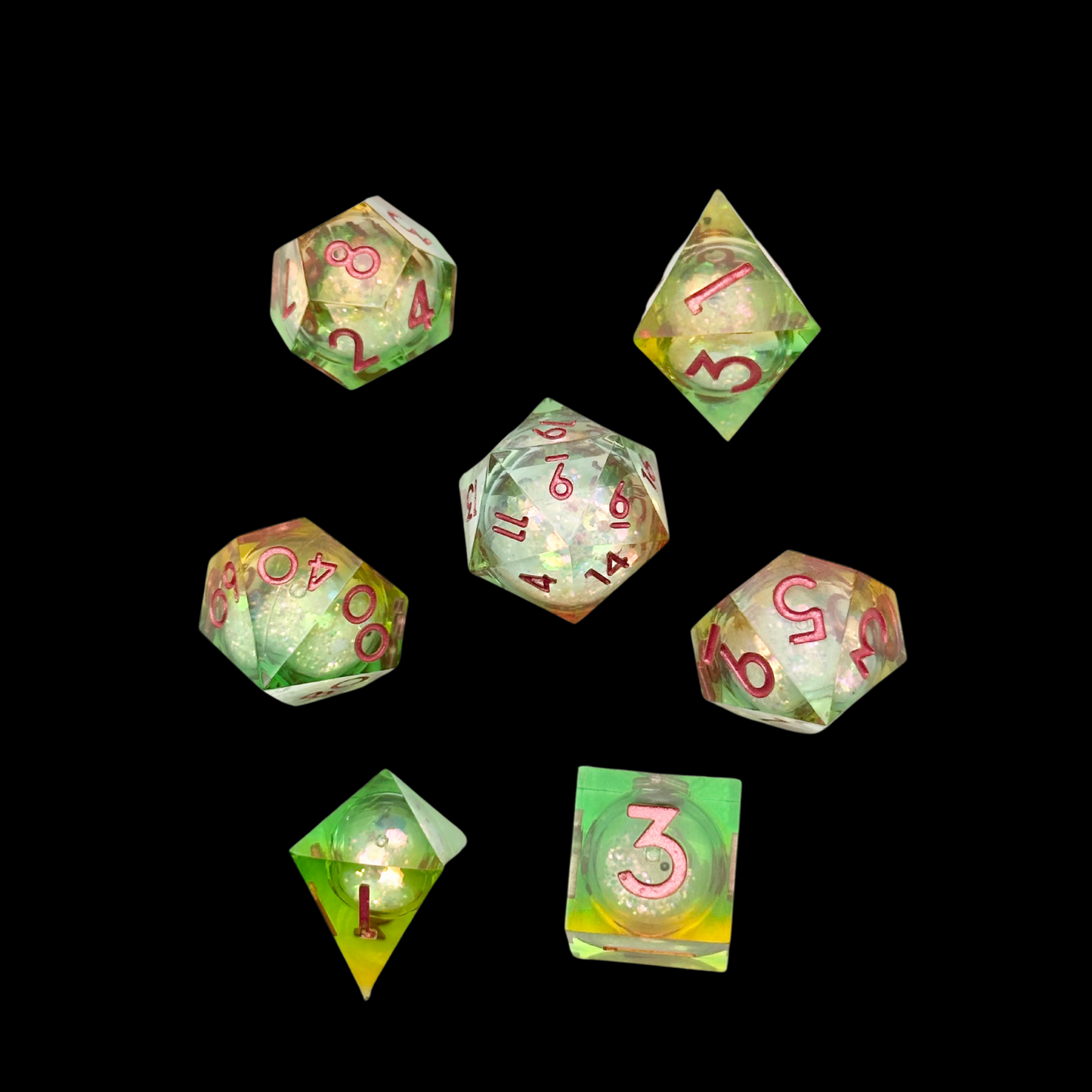 Jeu de dés Donjons et Dragons en résine à noyau liquide vert/rose/orange