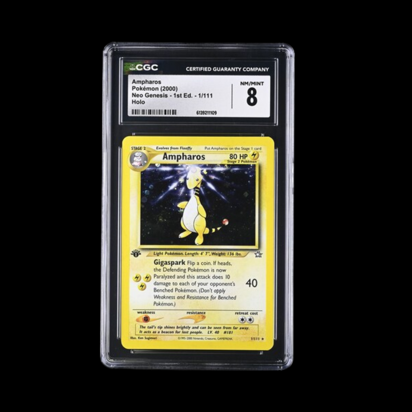 Pokemon Slab Ampharos 1/111 1st Ed Holo CGC 8 Near Mint 2000