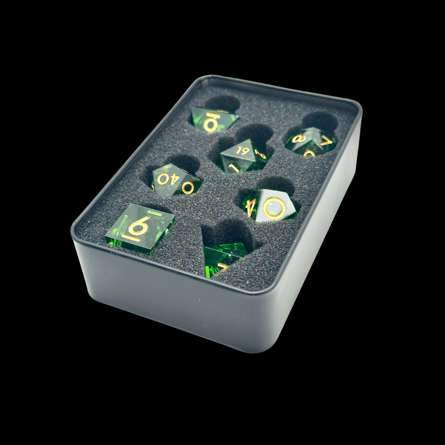 Jeu de dés Donjons et Dragons en résine à noyau liquide vert/or/noir