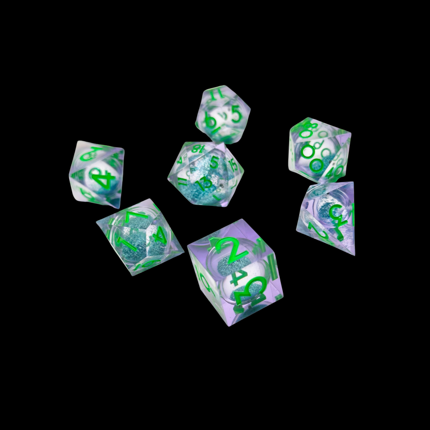 Jeu de dés Dungeon &amp; Dragons en résine à noyau liquide vert/violet/bleu
