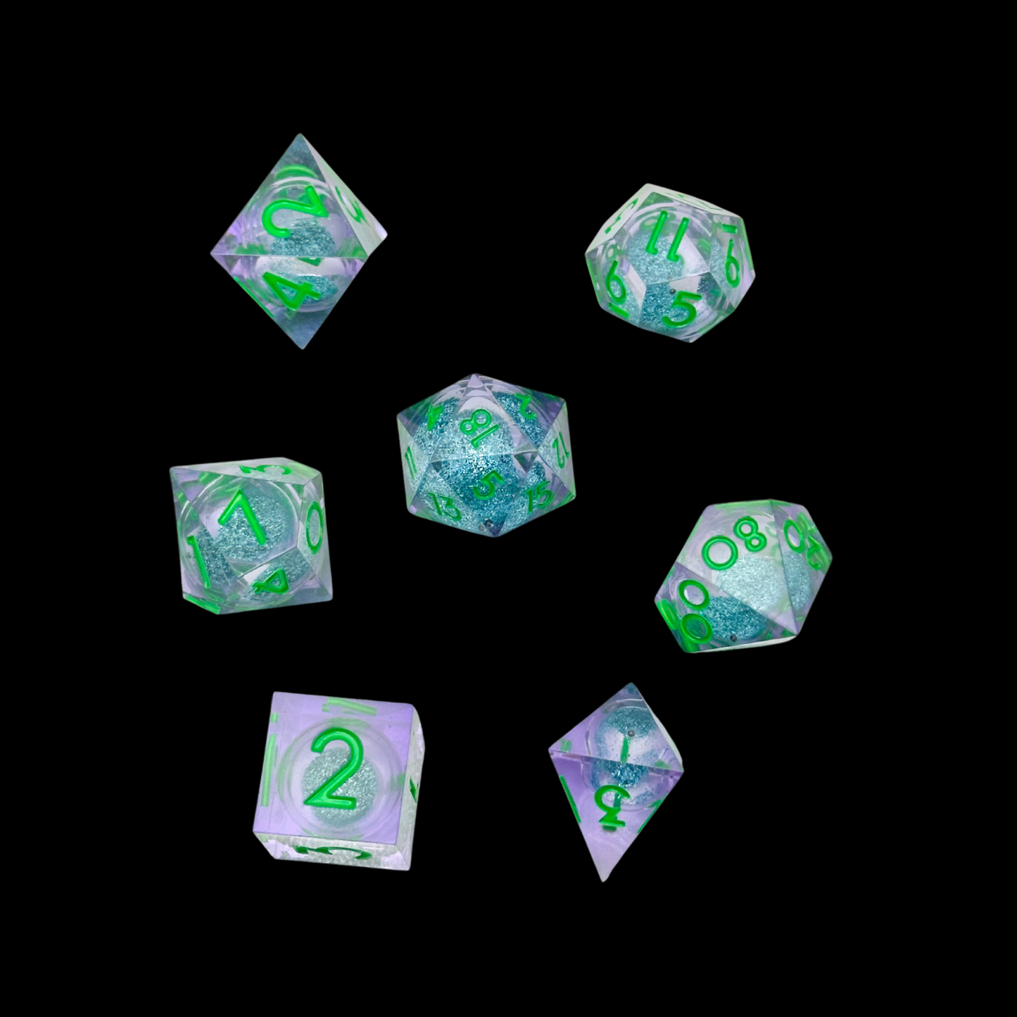 Jeu de dés Dungeon &amp; Dragons en résine à noyau liquide vert/violet/bleu