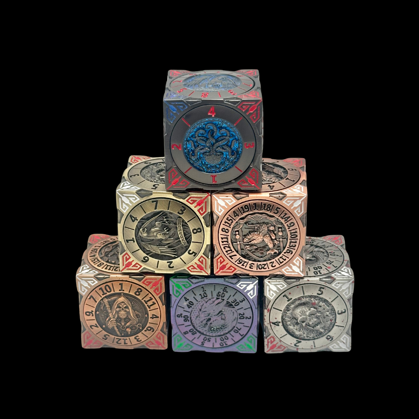 7-in-1 DnD Metal Spinner Dice + Gift Box, 6 Colors Available.