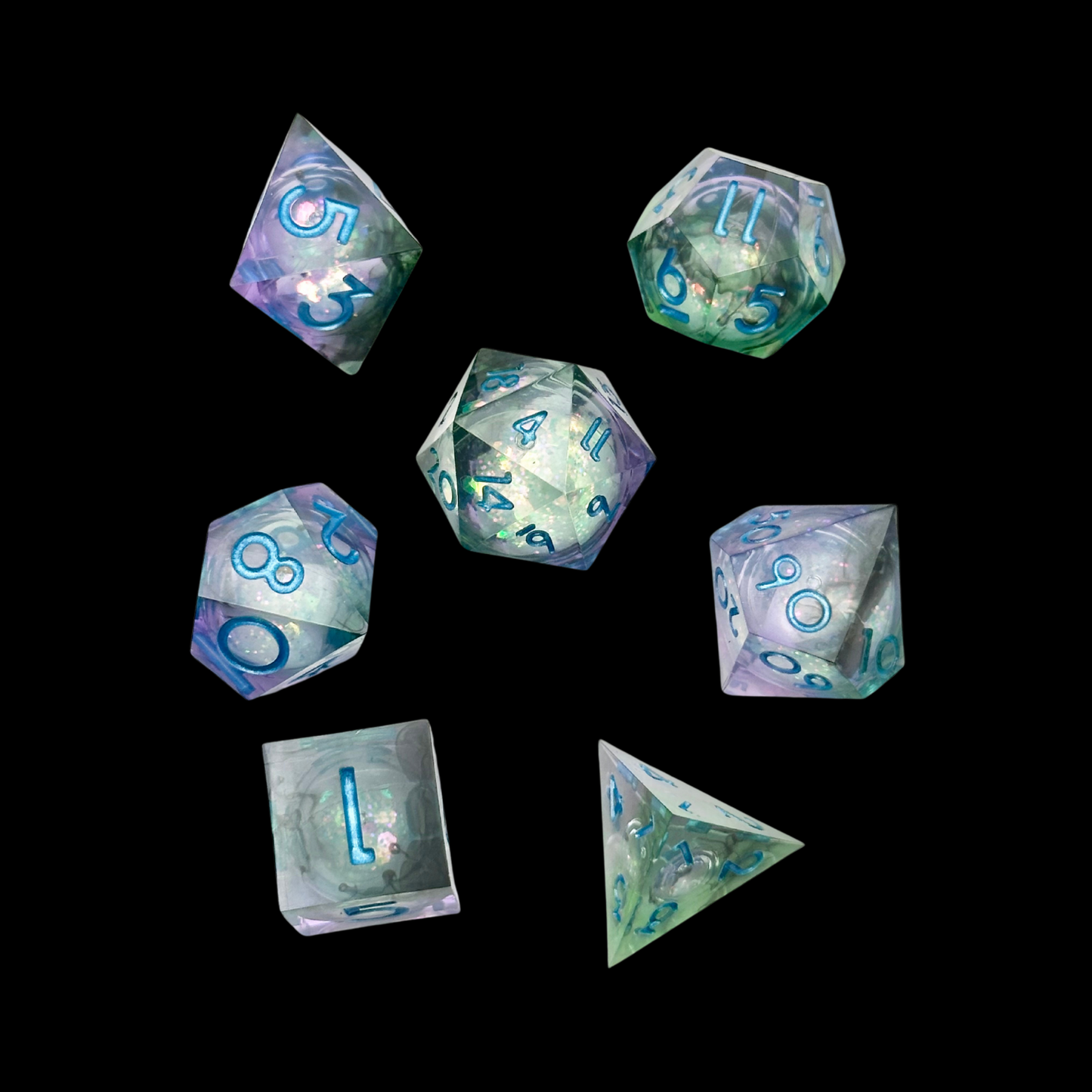 Jeu de dés Donjons et Dragons en résine à noyau liquide bleu/vert