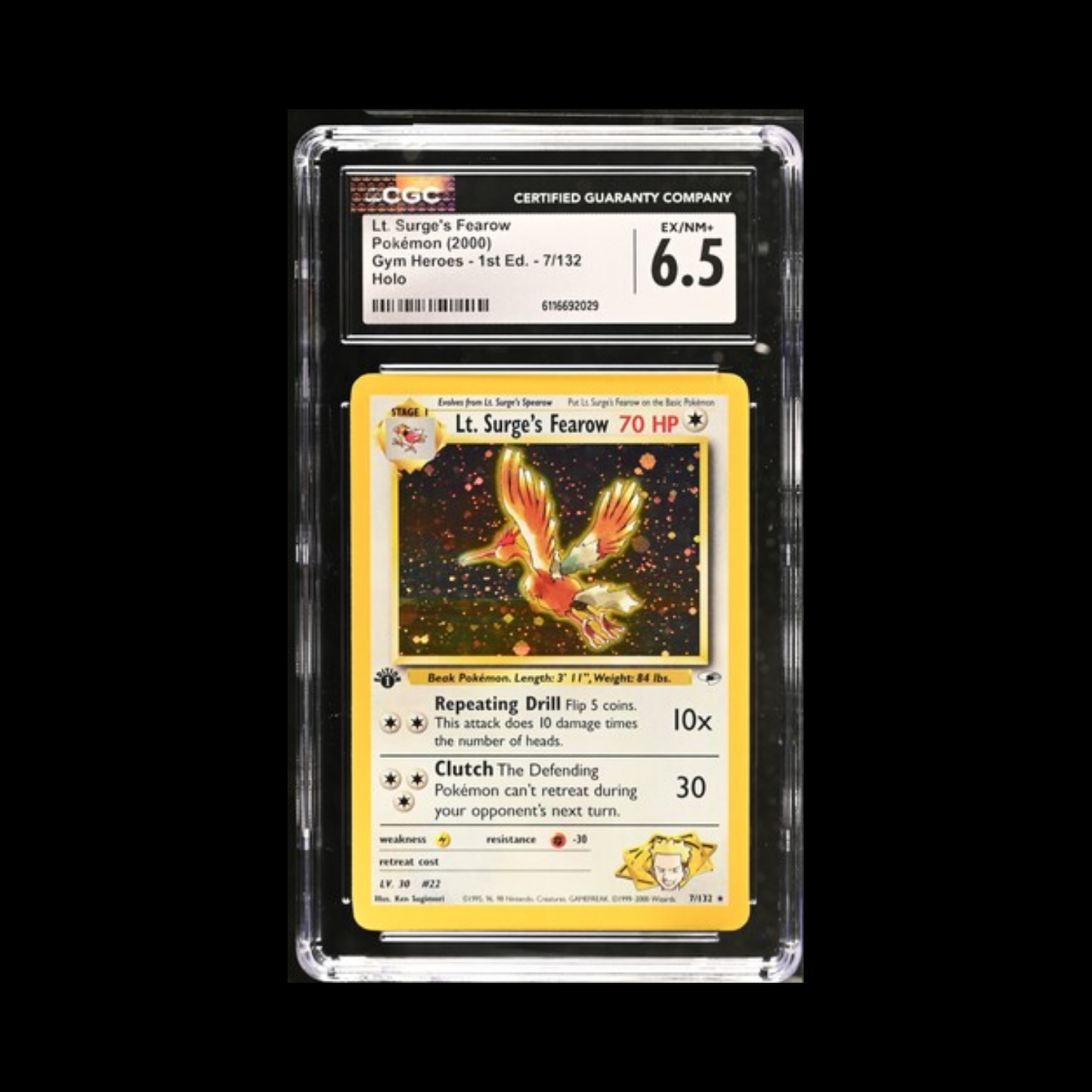 Pokemon Slab Lt. Surge's Fearow 7 1st Ed Holo CGC 6.5 Ex 2000