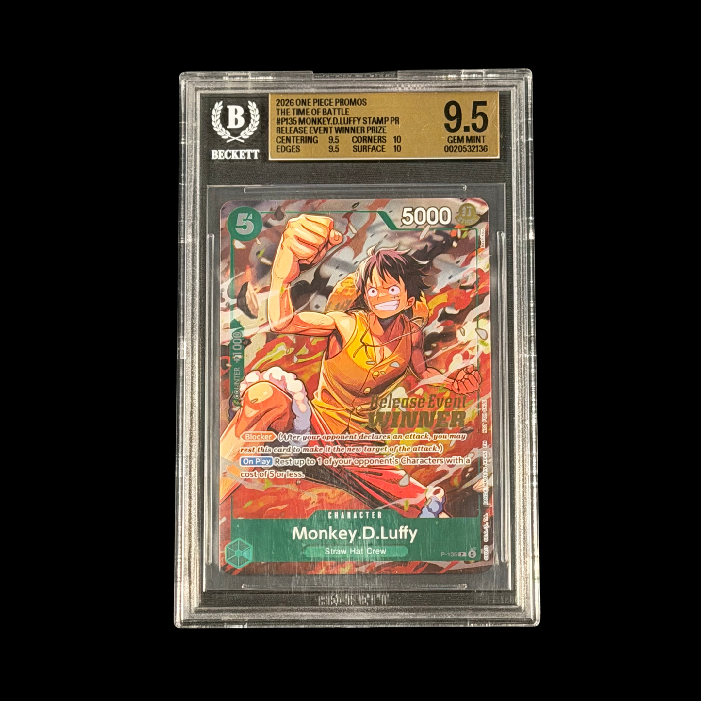 One Piece Slab Monkey.D.Luffy P135 Pre-Release Winner BGS 9.5 Mint+ 2026