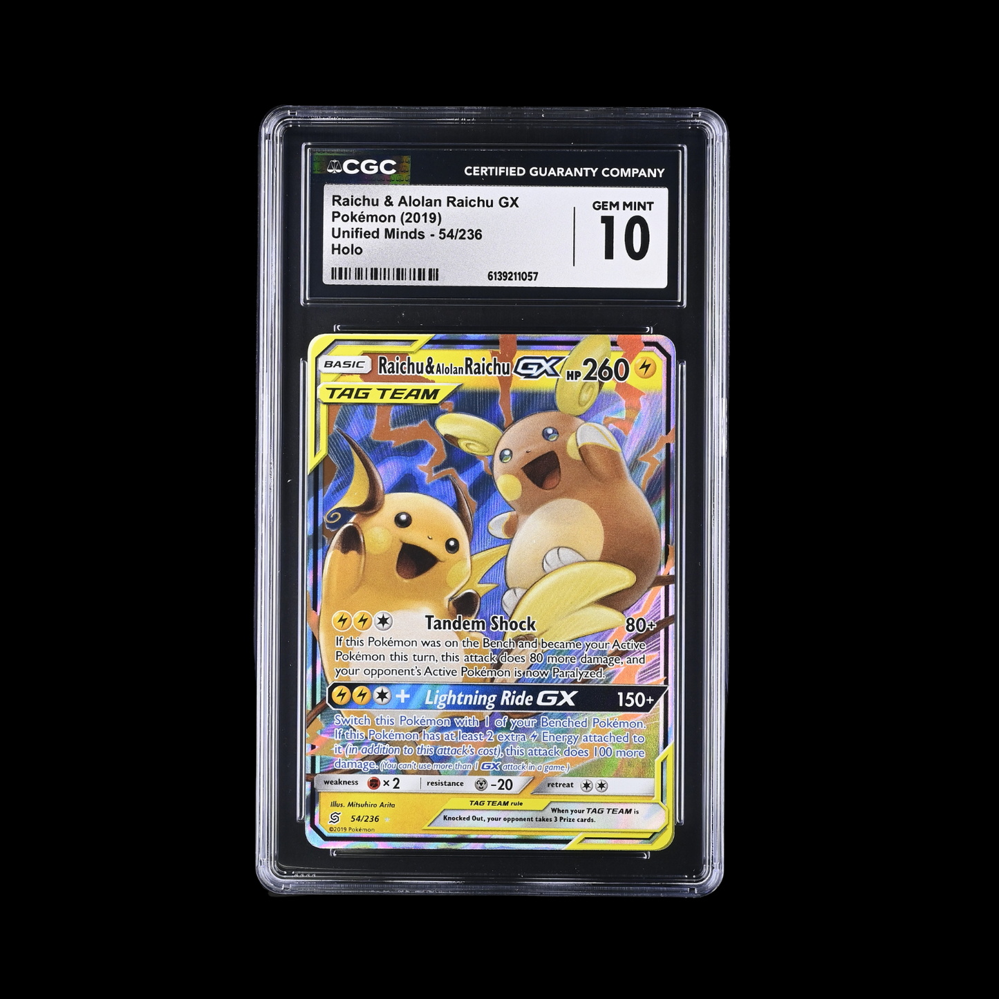 Pokemon Slab Raichu & Alolan Raichu GX 54 CGC 10 Gem 2019